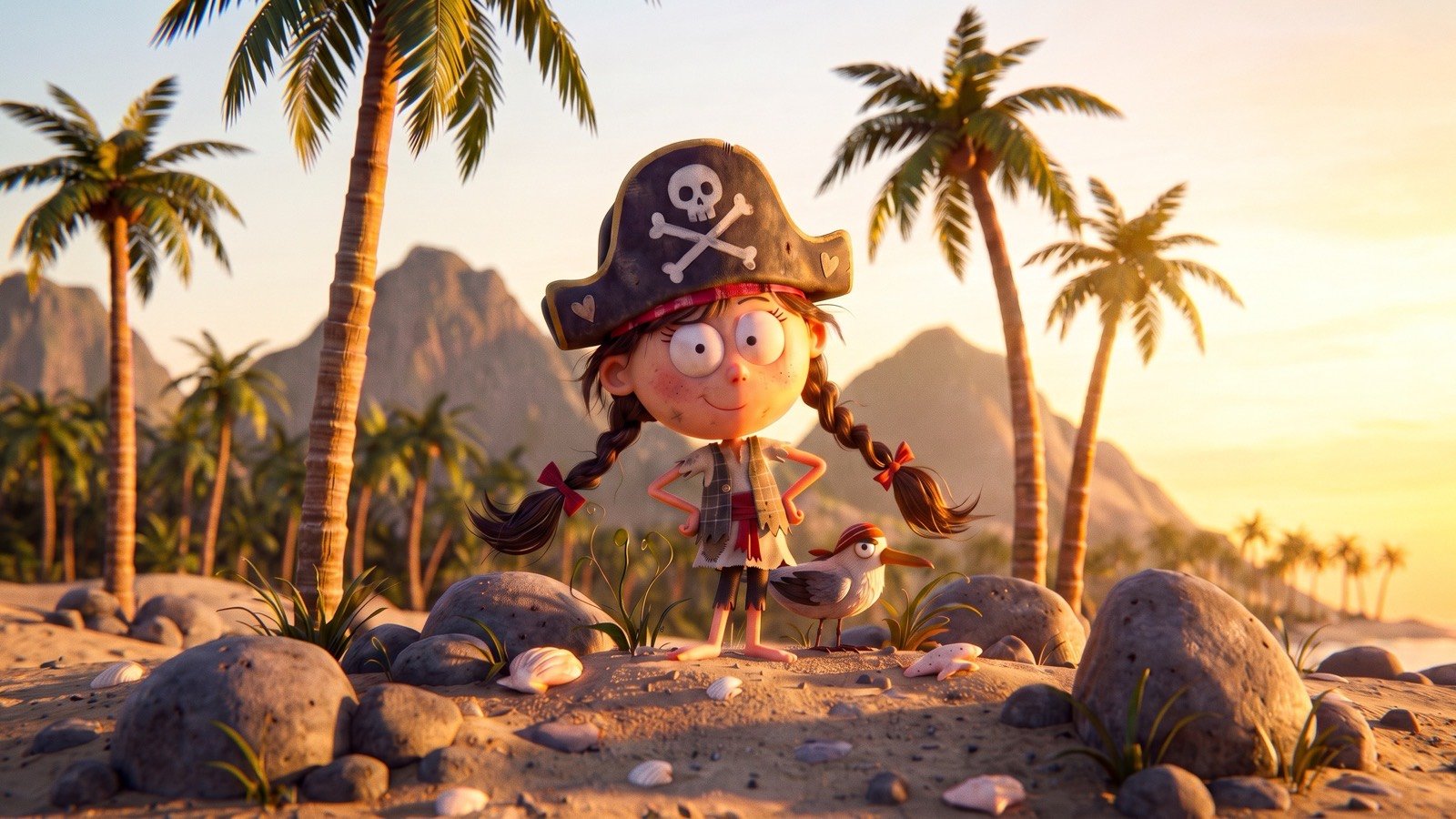 Lia, a piratinha, de chapéu de pirata numa praia com palmeiras ao pôr do sol, ao lado de uma gaivota